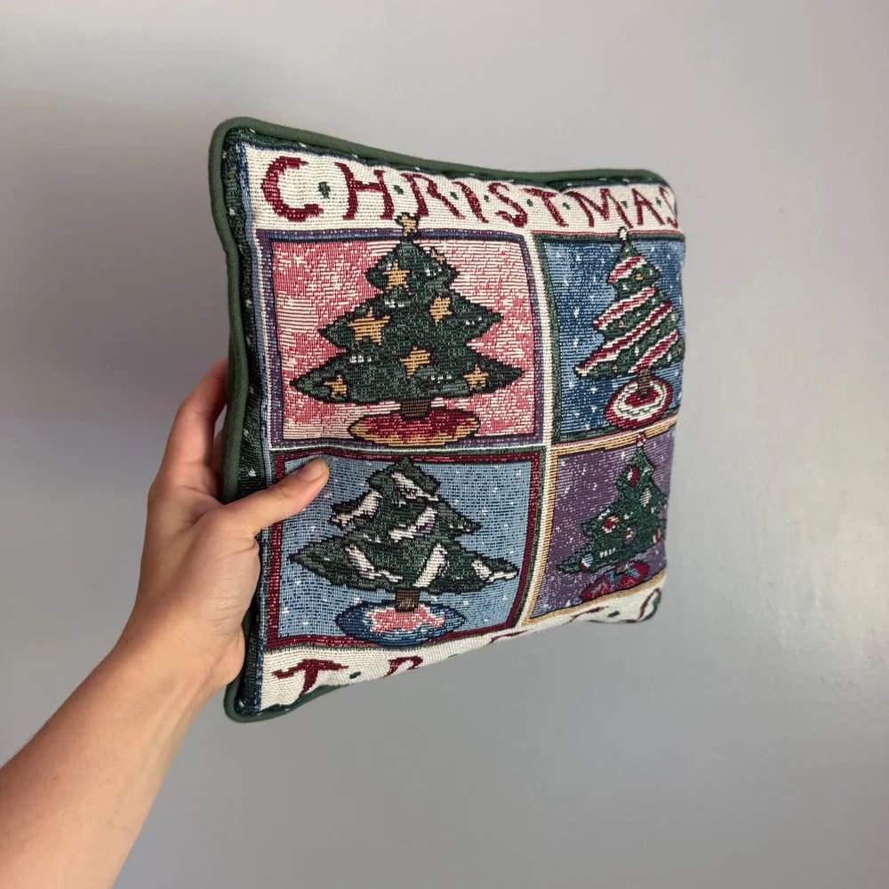 Vintage Christmas Trees Woven Tapestry Throw Pillow Green Holiday Decor 10.5in